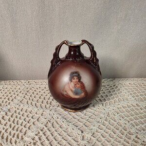 Austrian Porcelain Portrait Vase Art Nouveau Style Victorian Era 5" Brown